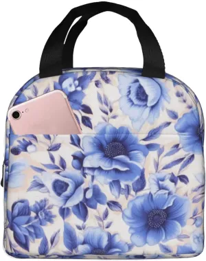 Blue Floral Fragments Lunch Bag, Large Capacity Reusable Insulated Cooler Lunch Container For Work Office Picnic Or Travel