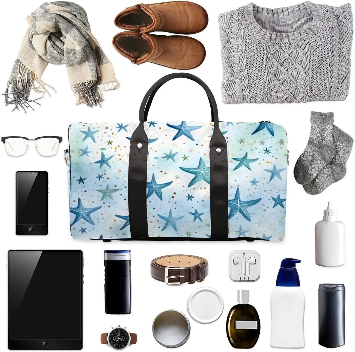 Blue Starfish Travel Duffle Bag for Women Men Gym Duffel Foldable Bag Waterproof Weekender Beach Watercolor Duffle Tote