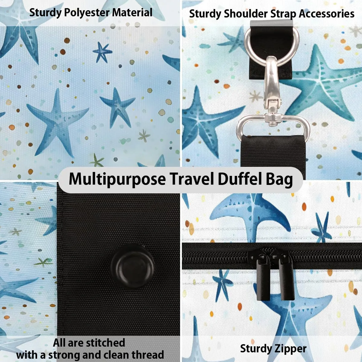 Blue Starfish Travel Duffle Bag for Women Men Gym Duffel Foldable Bag Waterproof Weekender Beach Watercolor Duffle Tote