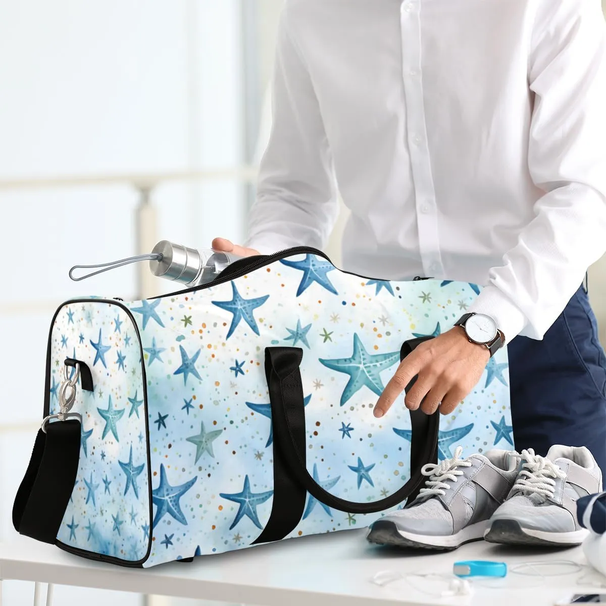 Blue Starfish Travel Duffle Bag for Women Men Gym Duffel Foldable Bag Waterproof Weekender Beach Watercolor Duffle Tote