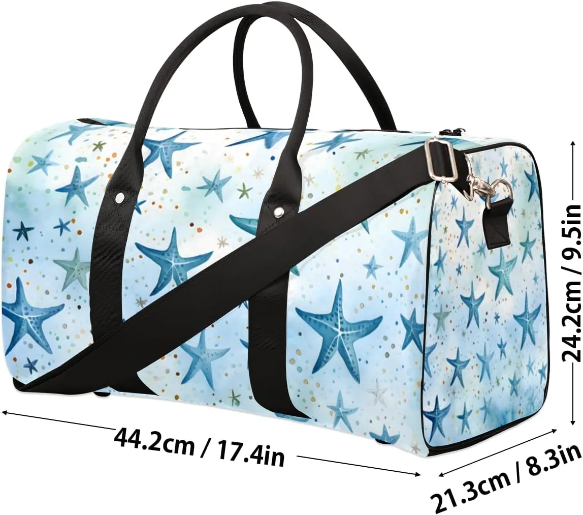Blue Starfish Travel Duffle Bag for Women Men Gym Duffel Foldable Bag Waterproof Weekender Beach Watercolor Duffle Tote