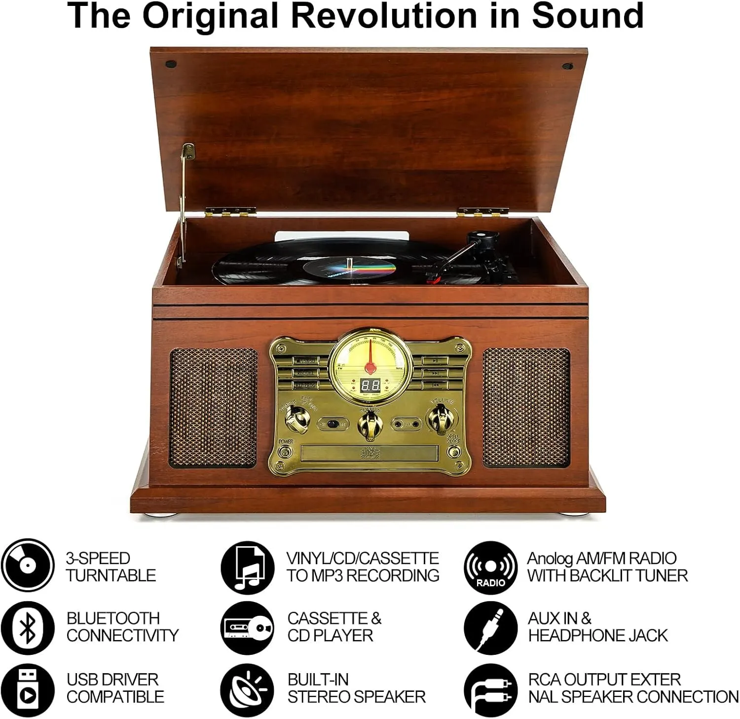 Bluetooth Record Player 10 in 1, 3-Speed Turntable for Vinyl with Speakers, LP to MP3 Converter, CD, Cassette Player, FM Radio, Wireless Streaming | Mahogany