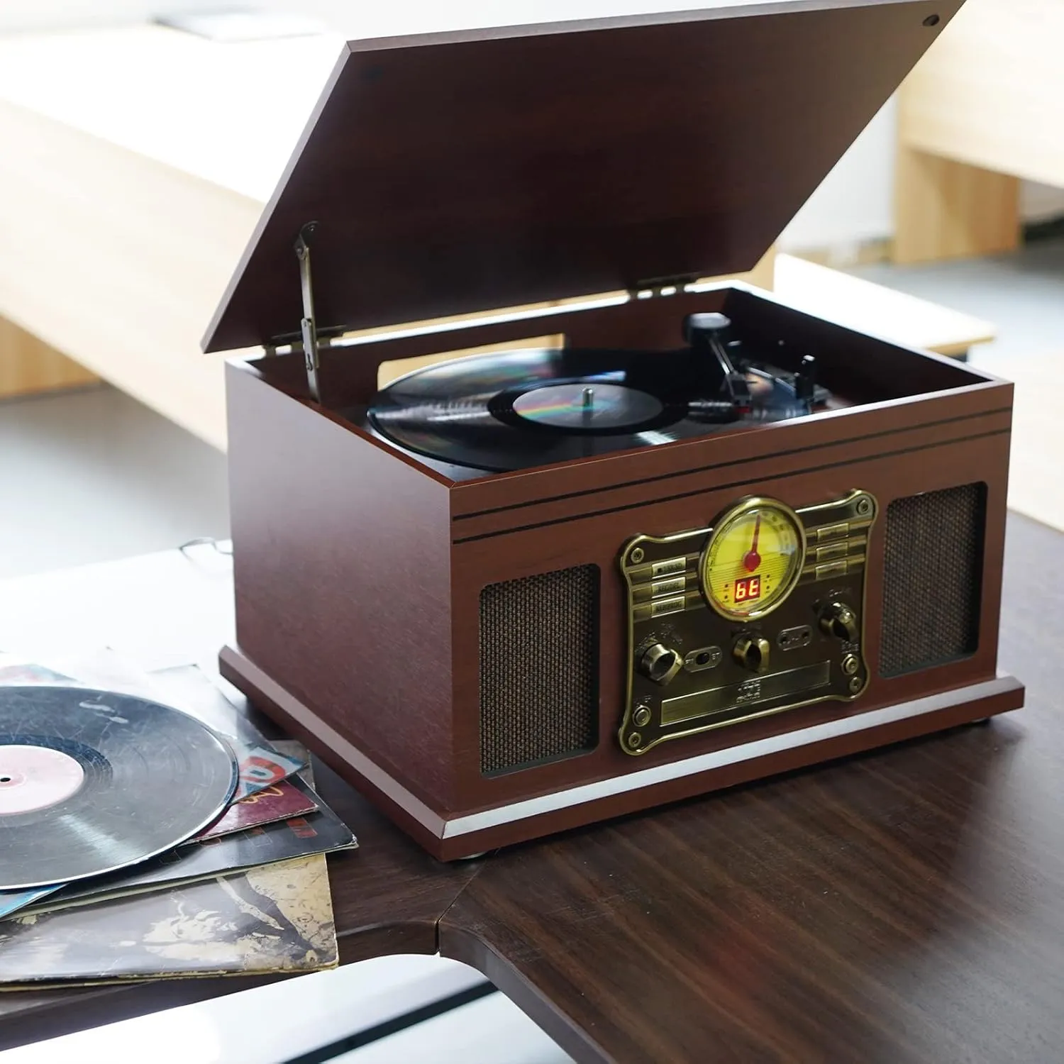 Bluetooth Record Player 10 in 1, 3-Speed Turntable for Vinyl with Speakers, LP to MP3 Converter, CD, Cassette Player, FM Radio, Wireless Streaming | Mahogany