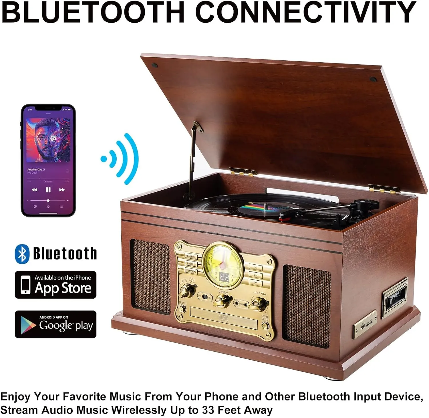 Bluetooth Record Player 10 in 1, 3-Speed Turntable for Vinyl with Speakers, LP to MP3 Converter, CD, Cassette Player, FM Radio, Wireless Streaming | Mahogany