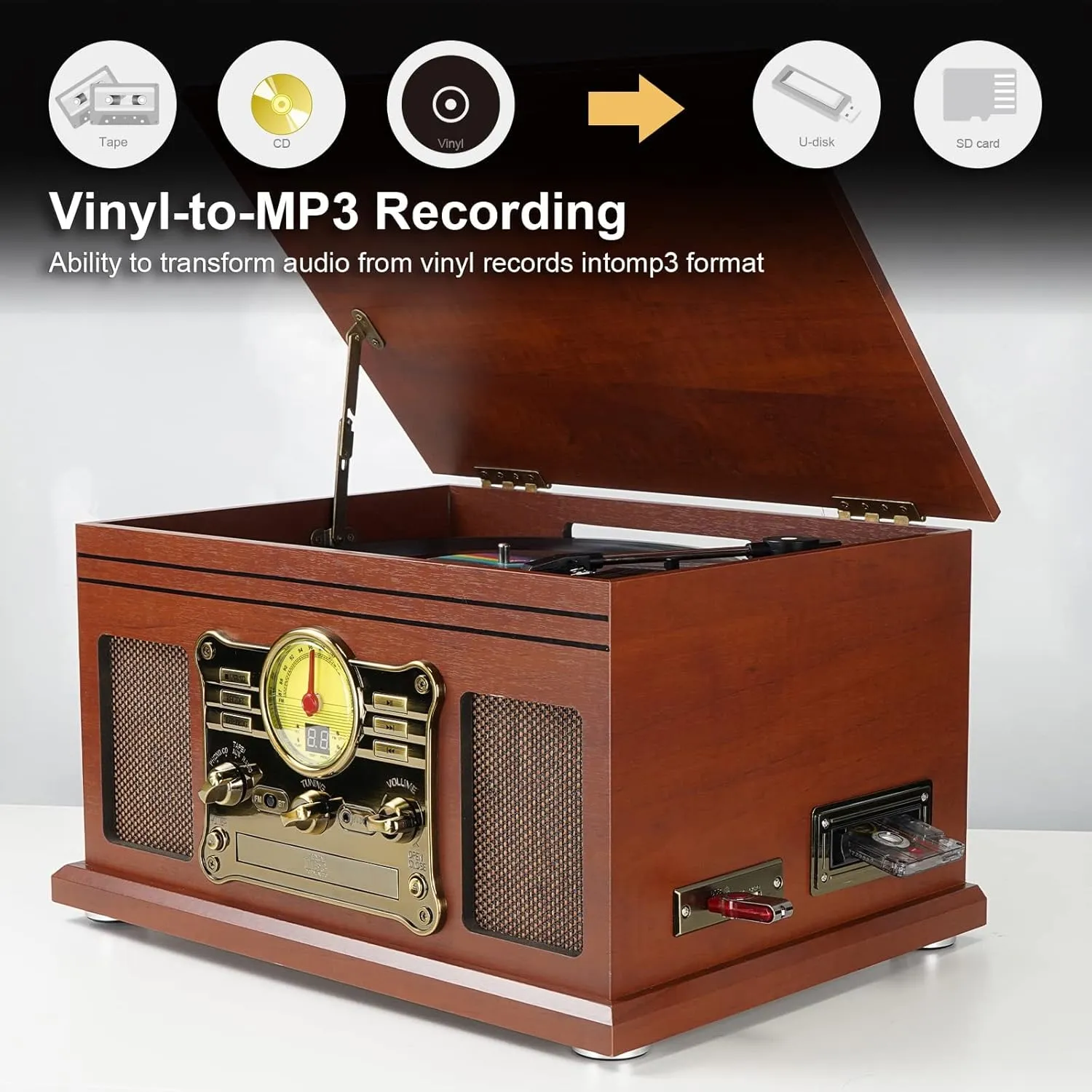 Bluetooth Record Player 10 in 1, 3-Speed Turntable for Vinyl with Speakers, LP to MP3 Converter, CD, Cassette Player, FM Radio, Wireless Streaming | Mahogany