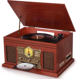 Bluetooth Record Player 10 in 1, 3-Speed Turntable for Vinyl with Speakers, LP to MP3 Converter, CD, Cassette Player, FM Radio, Wireless Streaming | Mahogany