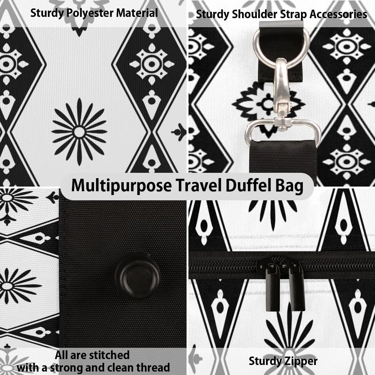Bohemian Design Travel Duffle Bag for Women Men Gym Duffel Foldable Bag Waterproof Weekender Black White Duffle Tote
