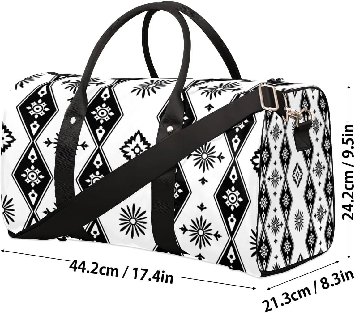 Bohemian Design Travel Duffle Bag for Women Men Gym Duffel Foldable Bag Waterproof Weekender Black White Duffle Tote