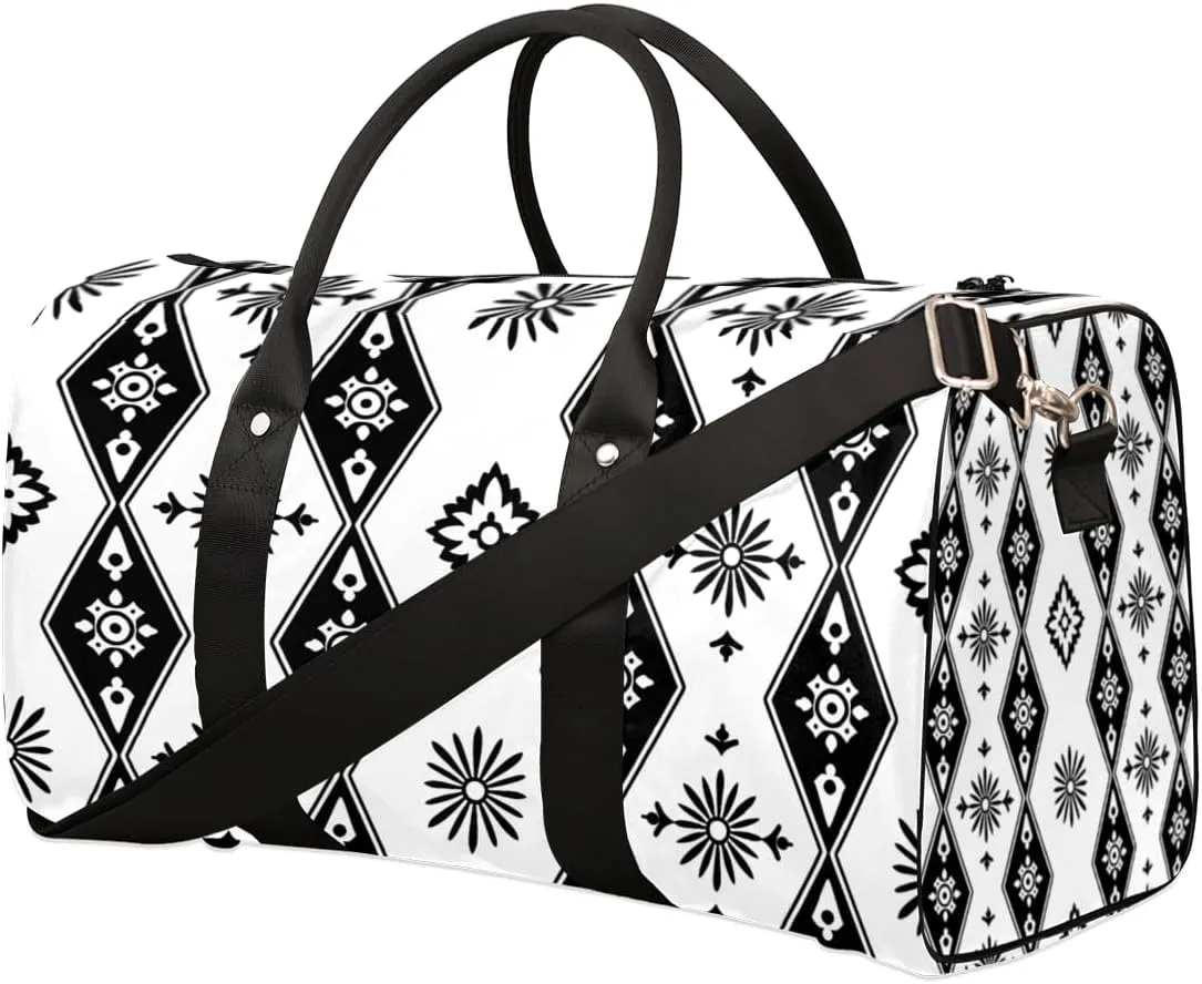 Bohemian Design Travel Duffle Bag for Women Men Gym Duffel Foldable Bag Waterproof Weekender Black White Duffle Tote