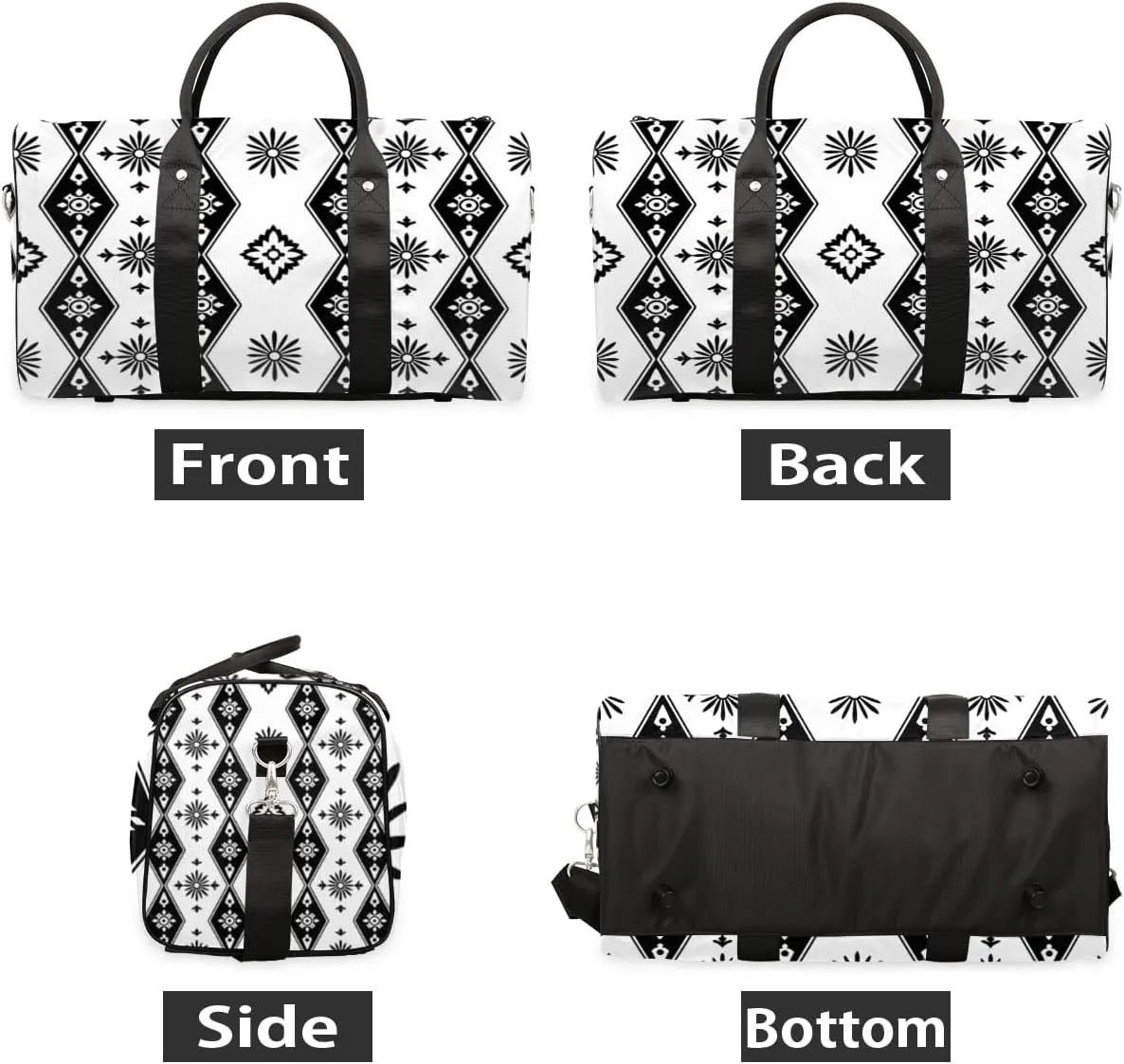 Bohemian Design Travel Duffle Bag for Women Men Gym Duffel Foldable Bag Waterproof Weekender Black White Duffle Tote
