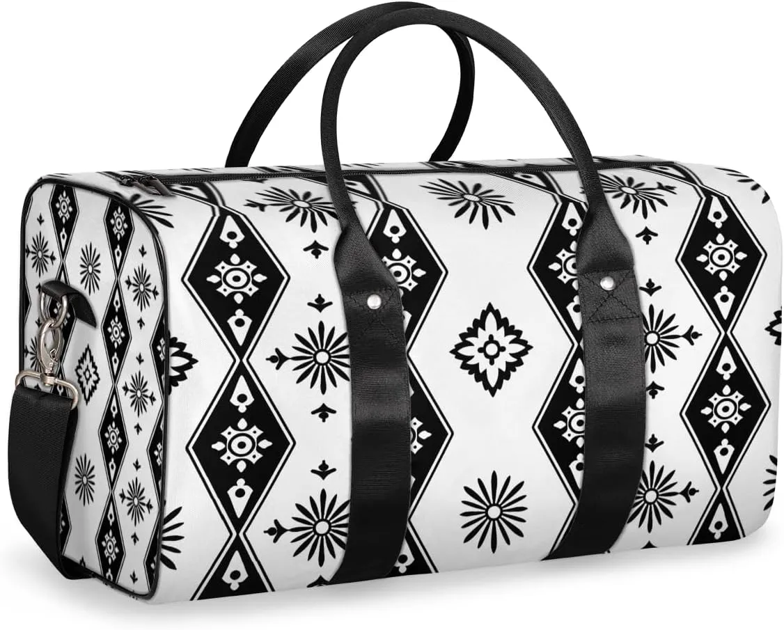 Bohemian Design Travel Duffle Bag for Women Men Gym Duffel Foldable Bag Waterproof Weekender Black White Duffle Tote