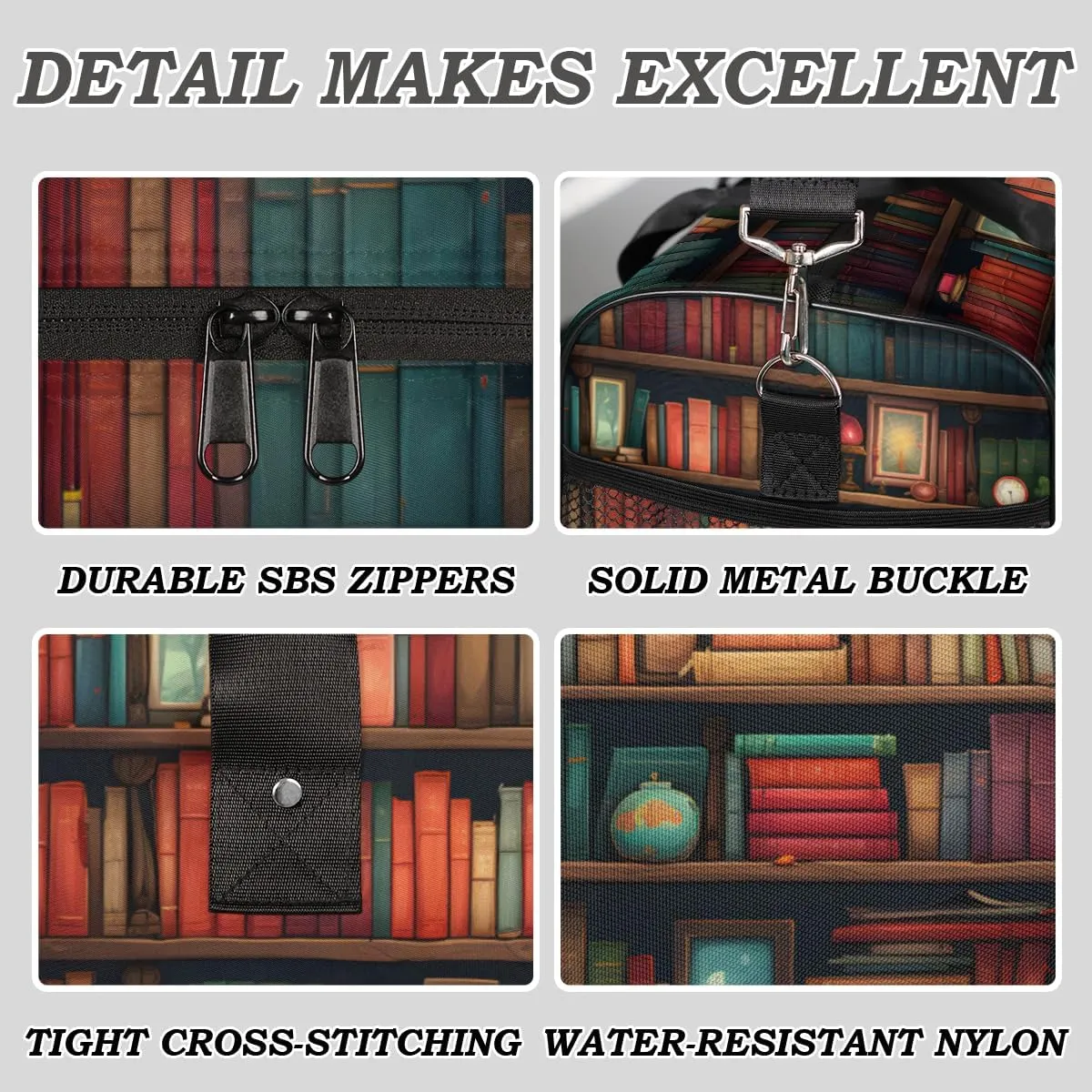 Books Travel Duffle Bag for Women Men Foldable Waterproof Weekender Bag Carry on Tote for Overnight Sports Gym Library Bookshelf Farmhouse