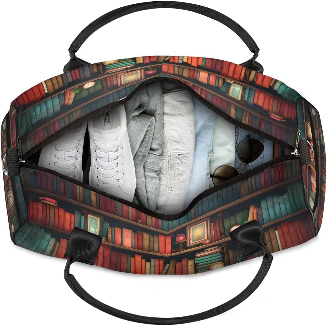 Books Travel Duffle Bag for Women Men Foldable Waterproof Weekender Bag Carry on Tote for Overnight Sports Gym Library Bookshelf Farmhouse