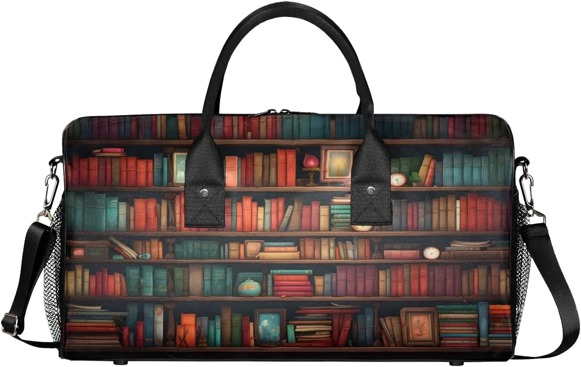 Books Travel Duffle Bag for Women Men Foldable Waterproof Weekender Bag Carry on Tote for Overnight Sports Gym Library Bookshelf Farmhouse