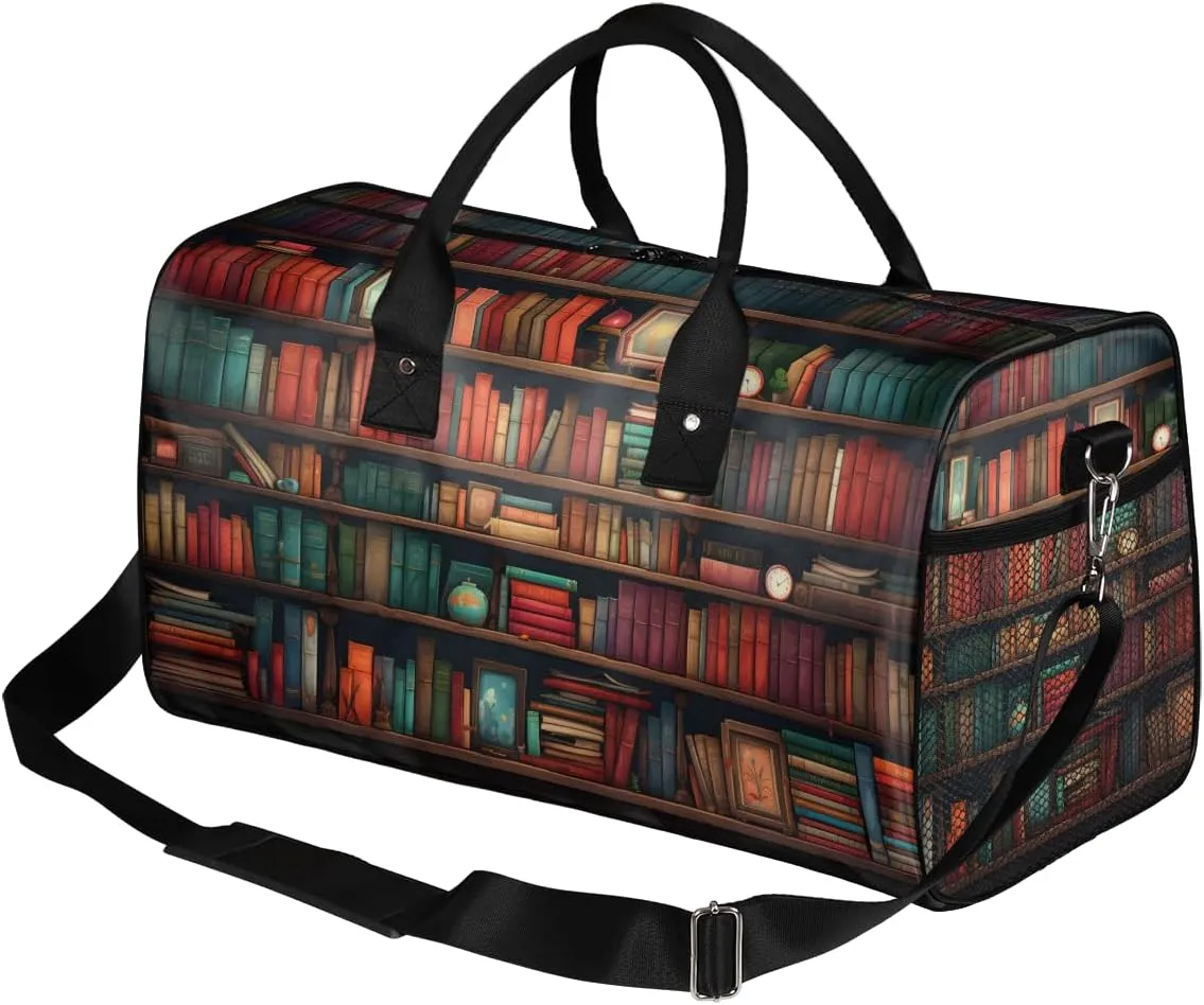 Books Travel Duffle Bag for Women Men Foldable Waterproof Weekender Bag Carry on Tote for Overnight Sports Gym Library Bookshelf Farmhouse