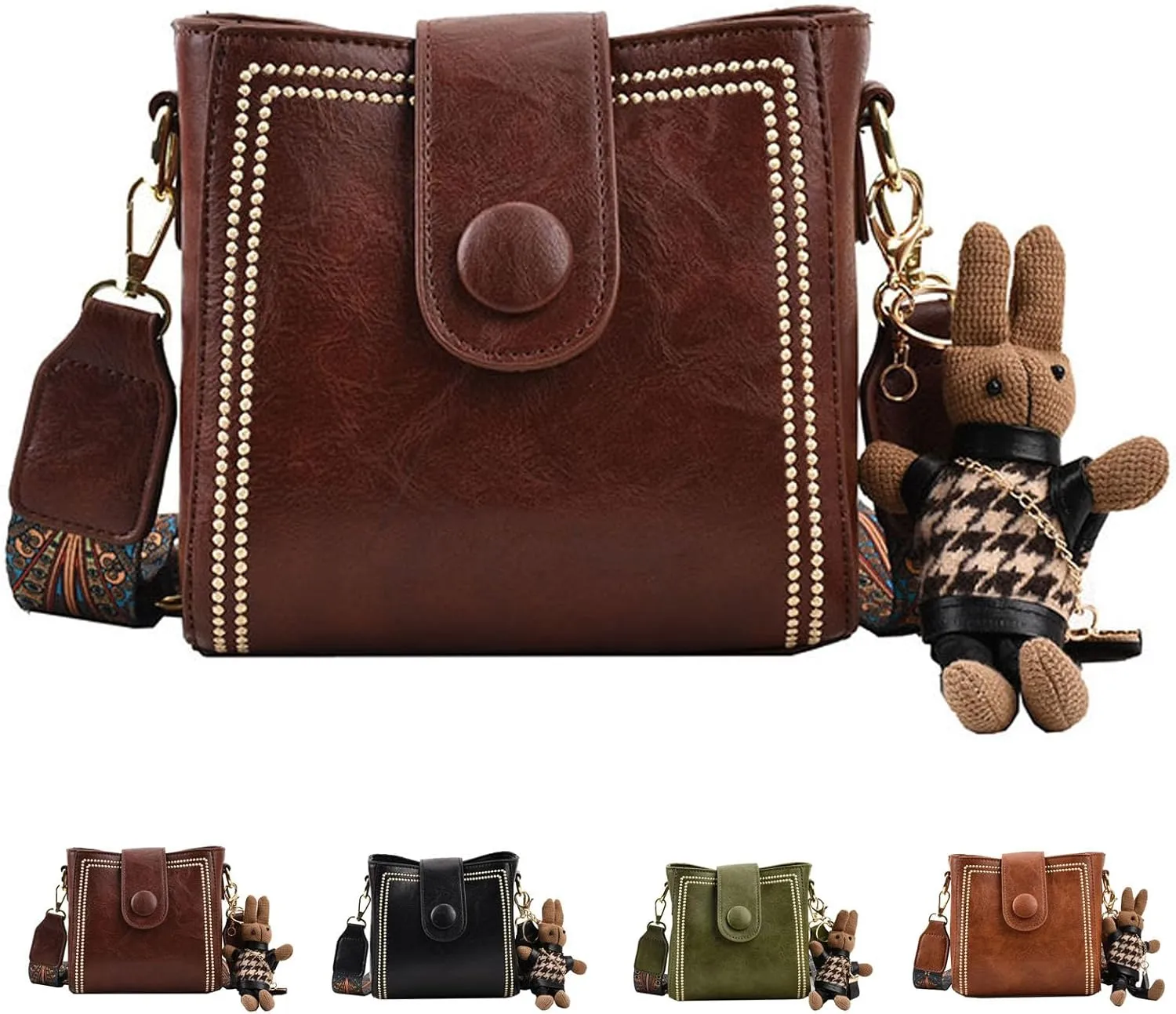 Bootara Bucket Bag, Women's Vintage Bunny Charm Bucket Bag, Bootara Crossbody Bag with Adjustable Wider Shoulder Strap