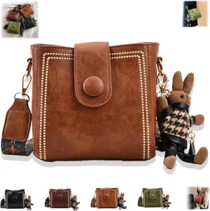 Bootara Vintage Bucket Bag for Women, Adjustable Wide Shoulder Strap Crossbody Purse, Retro Small Bag with Rabbit Charm
