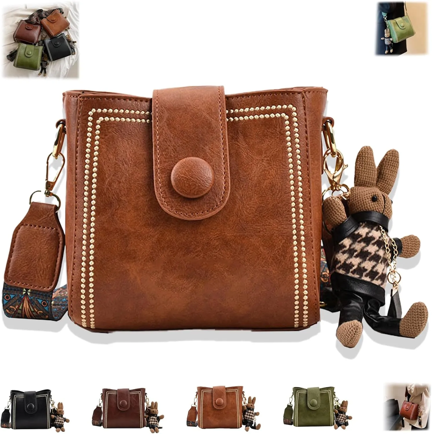 Bootara Vintage Bucket Bag for Women, Adjustable Wide Shoulder Strap Crossbody Purse, Retro Small Bag with Rabbit Charm
