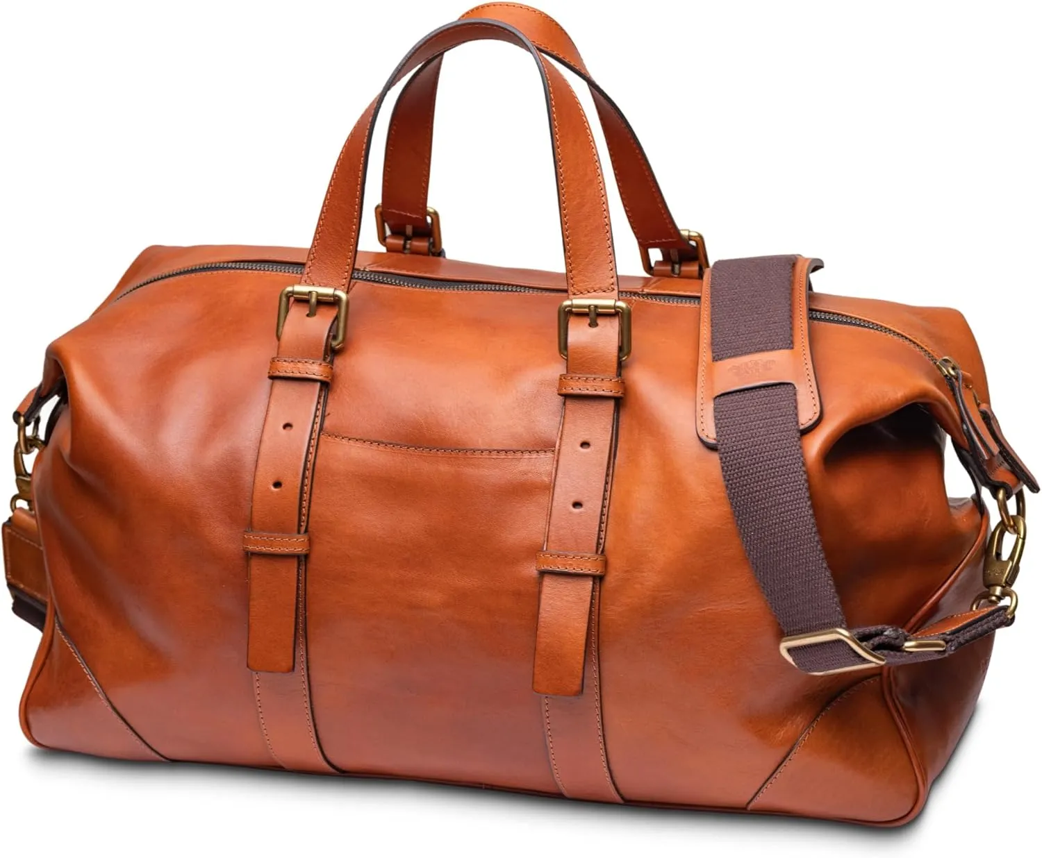 BOSCA Leather Duffle Bag Adjustable Strap, Italian Leather - 2 Interior Pockets, Keyfob Lanyard - Luxurious Leather Travel Weekender or Sports Bag For Men & Women - 19” x 8” x 9.5”