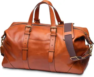 BOSCA Leather Duffle Bag Adjustable Strap, Italian Leather - 2 Interior Pockets, Keyfob Lanyard - Luxurious Leather Travel Weekender or Sports Bag For Men & Women - 19” x 8” x 9.5”