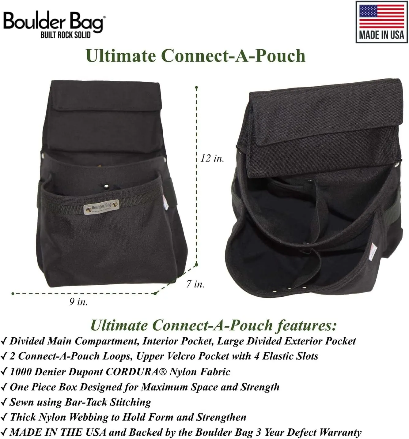 BOULDER Bag ULT 110 Ultimate Electrician Single Pouch. Tool Belt Ready Durability Wide Mouth, Deep Pockets, Pro Box Design. Made in The USA