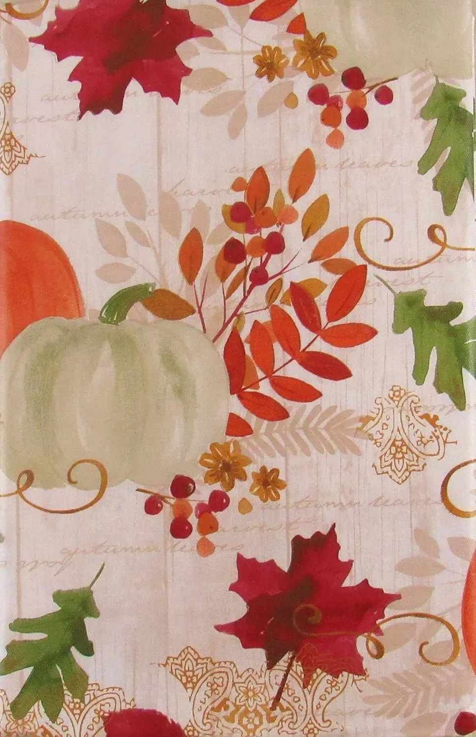 Bountiful Harvest Autumn Pumpkins, Leaves and Berries on Wood Plank Background Vinyl Flannel Back Tablecloth (52" x 52" Square)