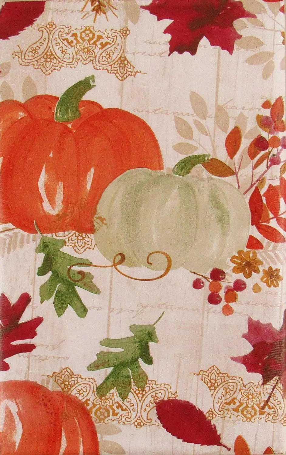 Bountiful Harvest Autumn Pumpkins, Leaves and Berries on Wood Plank Background Vinyl Flannel Back Tablecloth (52" x 52" Square)