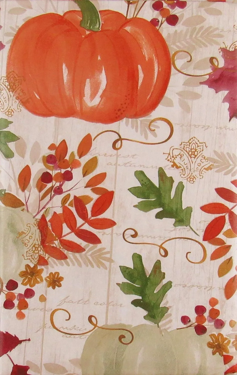Bountiful Harvest Autumn Pumpkins, Leaves and Berries on Wood Plank Background Vinyl Flannel Back Tablecloth (52" x 52" Square)