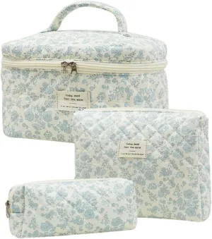 Bow Aesthetic Bag Y2k Cosmetic Bag for Purse Coquette Aesthetic Cute Makeup Bag Make Up Bag Set (Blue Floral-1)