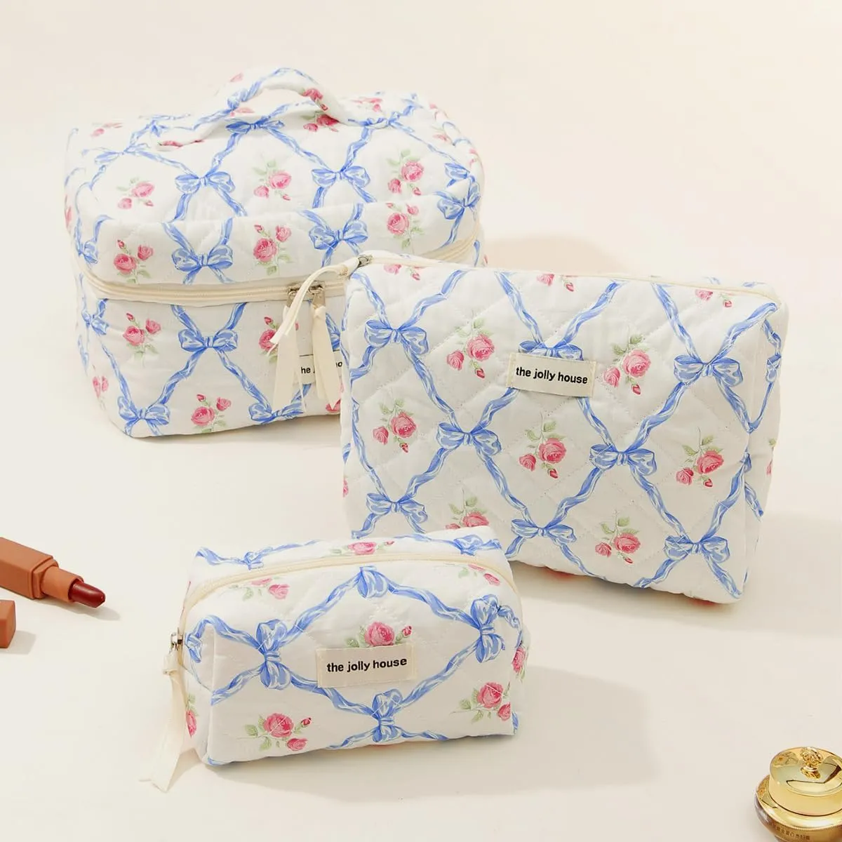 Bow Aesthetic Bag Y2k Cosmetic Bag for Purse Coquette Aesthetic Cute Makeup Bag Make Up Bag Set (Blue Floral-2)