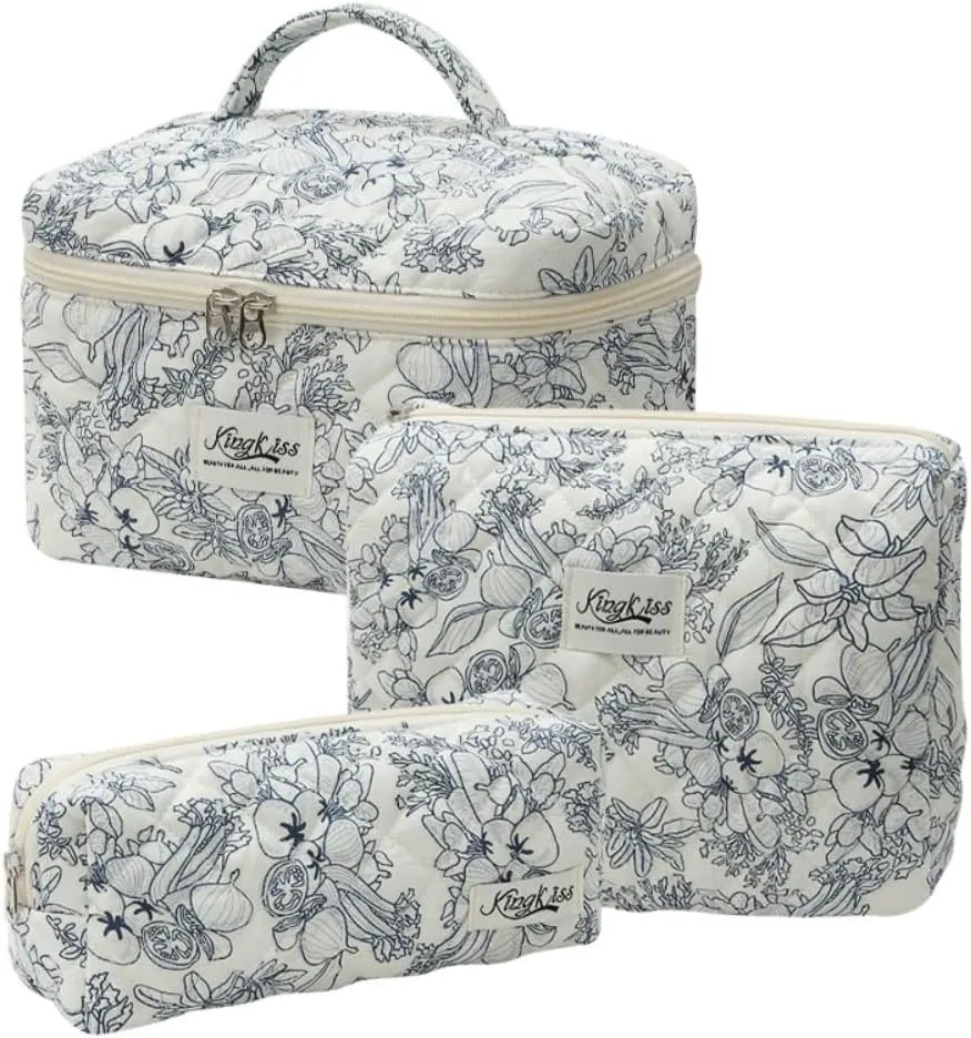 Bow Aesthetic Bag Y2k Cosmetic Bag for Purse Coquette Aesthetic Cute Makeup Bag Make Up Bag Set (Blue Floral-2)