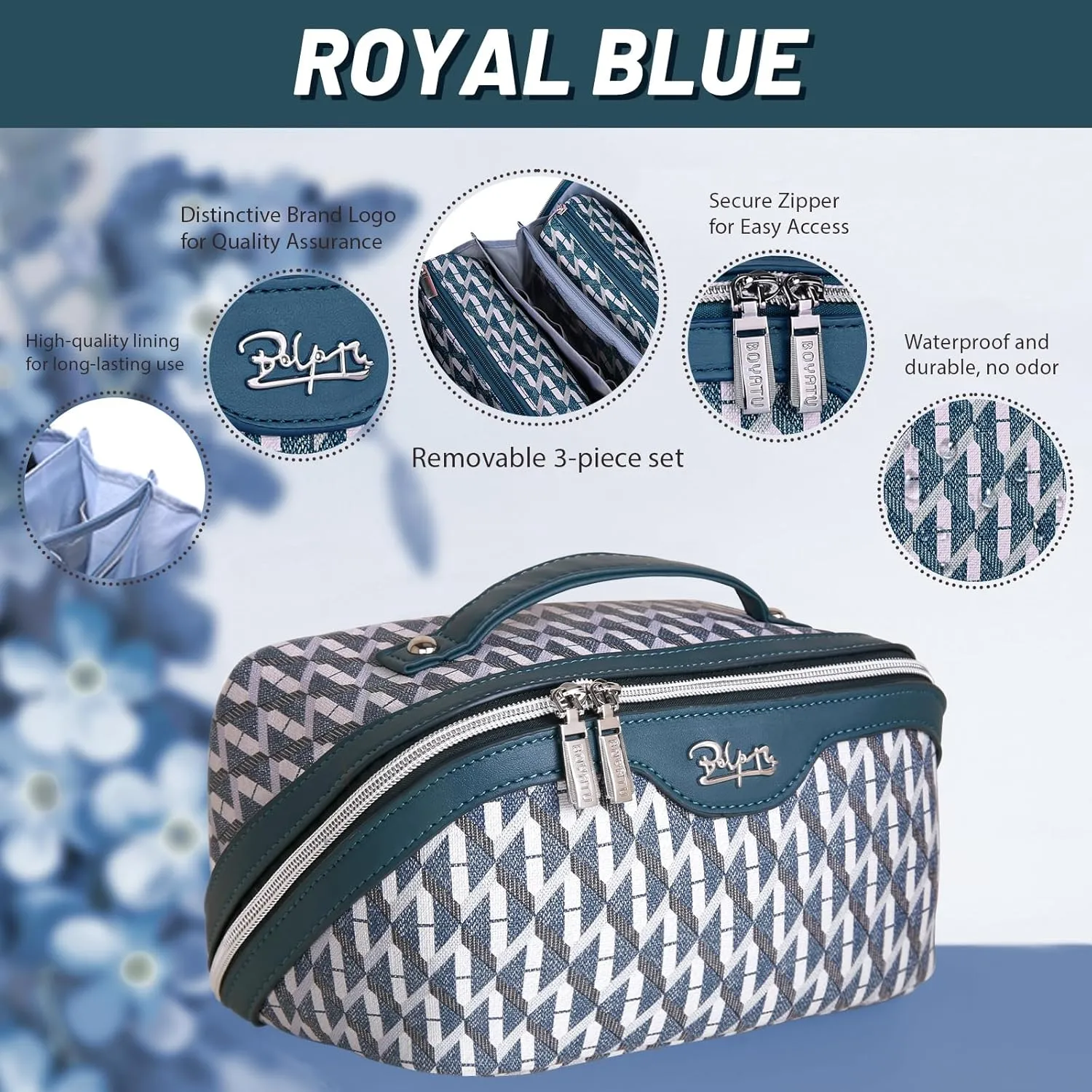 BOYATU Travel Makeup Bags for Women: Large Capacity Cosmetic Bag Set of 3 - Vegan Leather Make up Bags with Compartments - Wide Open Waterproof Toiletry Organizer Bag with Handle (01-Royal blue)