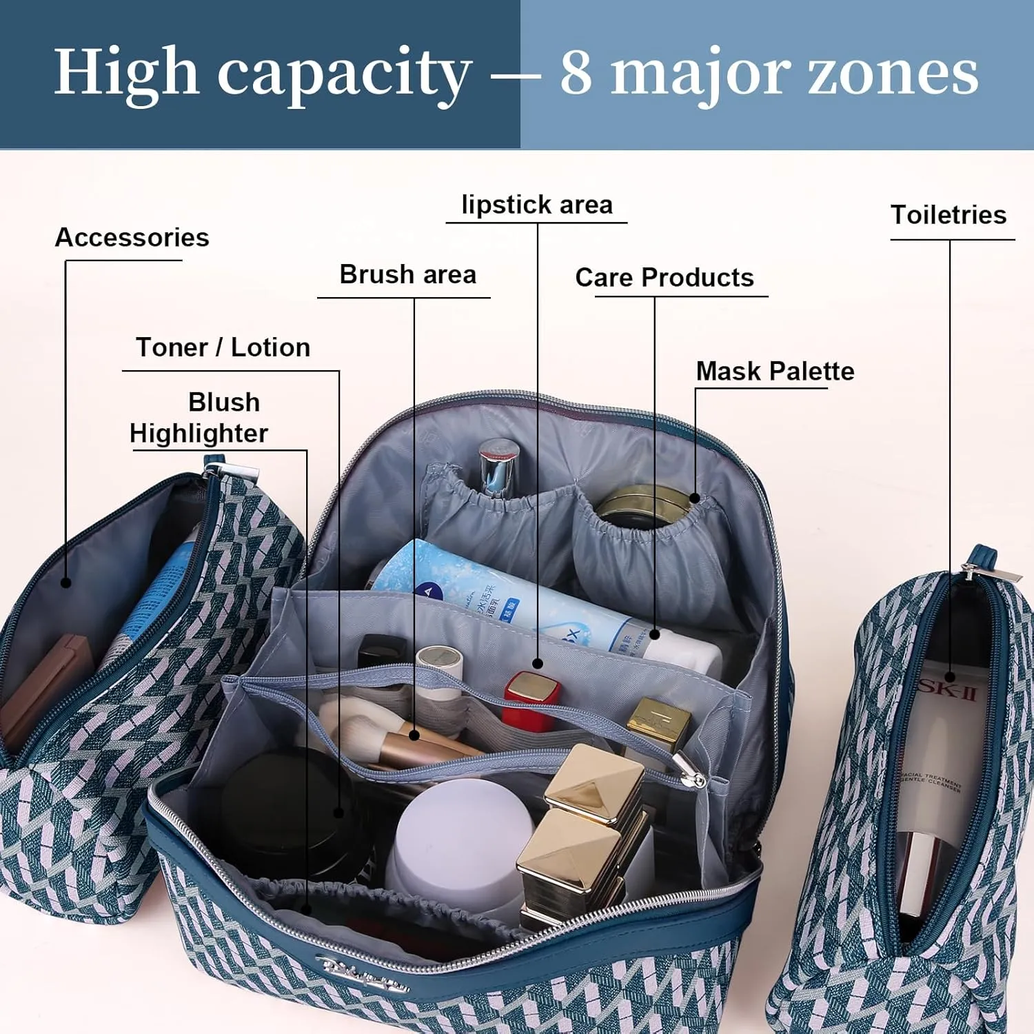 BOYATU Travel Makeup Bags for Women: Large Capacity Cosmetic Bag Set of 3 - Vegan Leather Make up Bags with Compartments - Wide Open Waterproof Toiletry Organizer Bag with Handle (01-Royal blue)