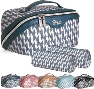 BOYATU Travel Makeup Bags for Women: Large Capacity Cosmetic Bag Set of 3 - Vegan Leather Make up Bags with Compartments - Wide Open Waterproof Toiletry Organizer Bag with Handle (01-Royal blue)
