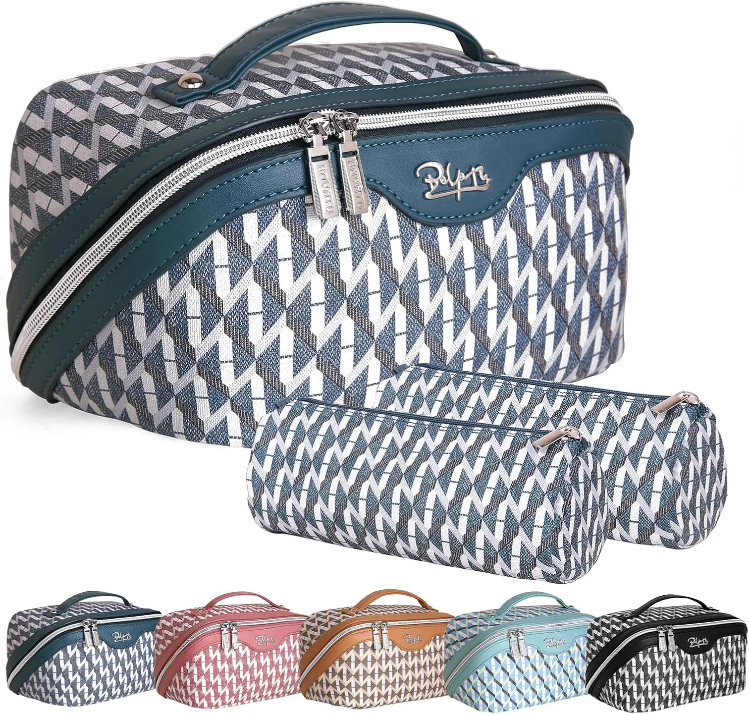 BOYATU Travel Makeup Bags for Women: Large Capacity Cosmetic Bag Set of 3 - Vegan Leather Make up Bags with Compartments - Wide Open Waterproof Toiletry Organizer Bag with Handle (01-Royal blue)