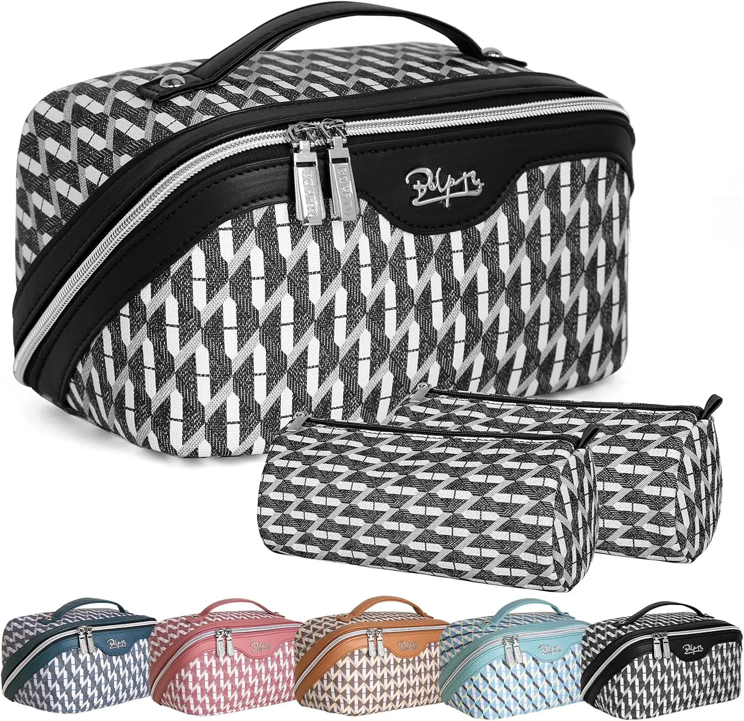 BOYATU Travel Makeup Bags for Women: Large Capacity Cosmetic Bag Set of 3 - Vegan Leather Make up Bags with Compartments - Wide Open Waterproof Toiletry Organizer Bag with Handle (03-Midnight Black)