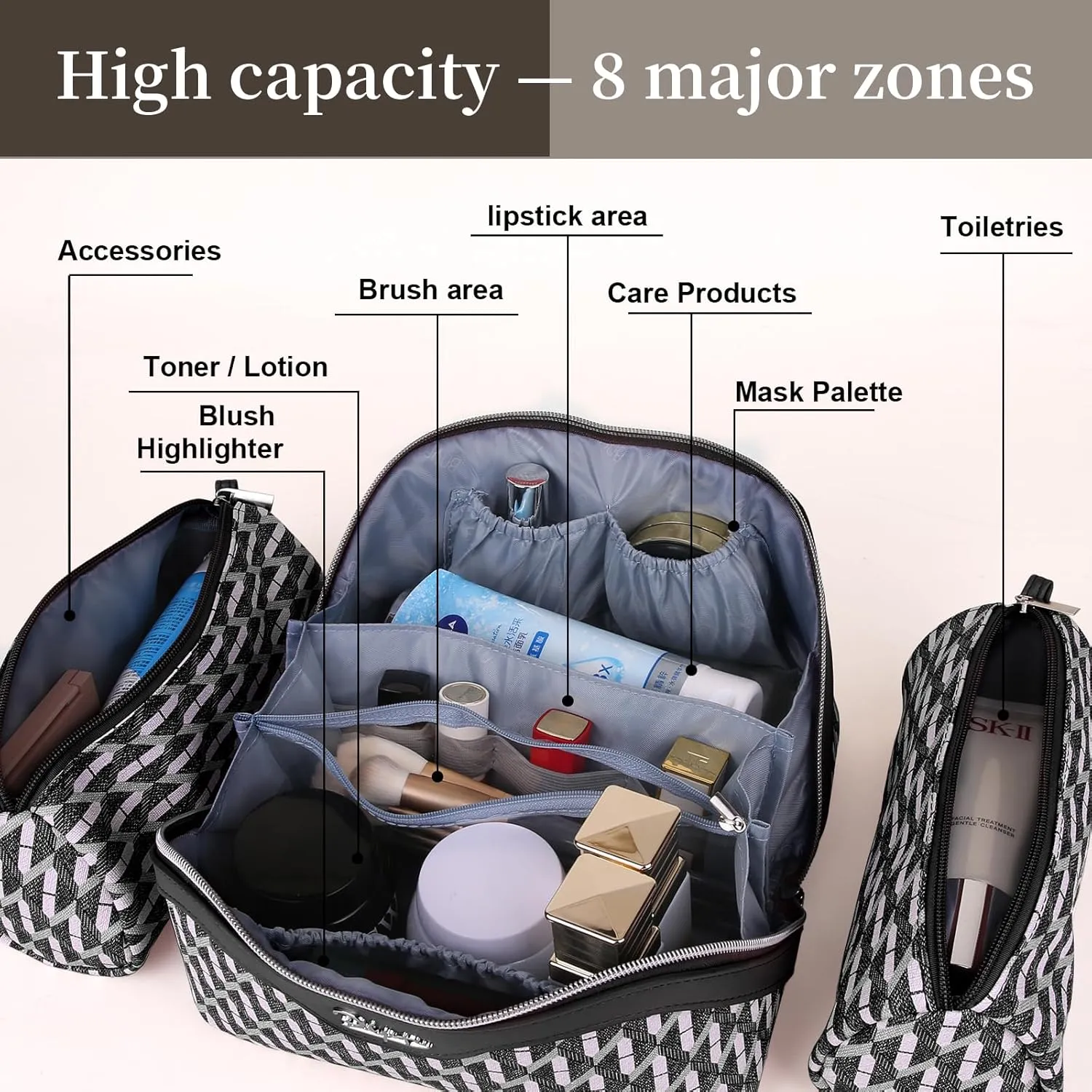 BOYATU Travel Makeup Bags for Women: Large Capacity Cosmetic Bag Set of 3 - Vegan Leather Make up Bags with Compartments - Wide Open Waterproof Toiletry Organizer Bag with Handle (03-Midnight Black)