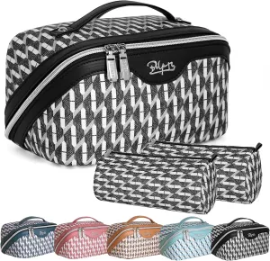 BOYATU Travel Makeup Bags for Women: Large Capacity Cosmetic Bag Set of 3 - Vegan Leather Make up Bags with Compartments - Wide Open Waterproof Toiletry Organizer Bag with Handle (03-Midnight Black)