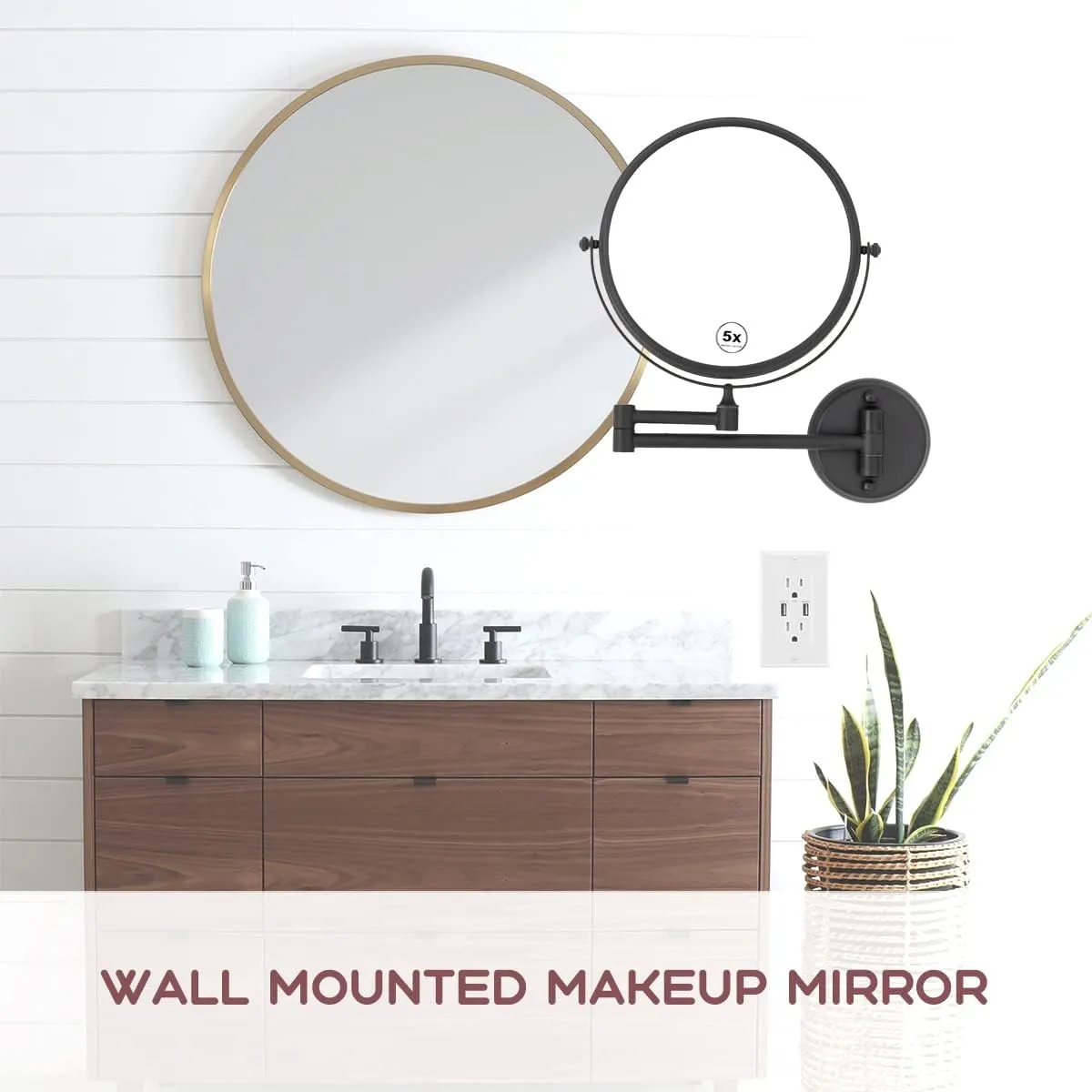 Brass Wall Mounted Makeup Mirror Bathroom Mirror for Shaving, 1x/ 5X Magnifying Makeup Mirror, 8" Double Sided Make up Mirror with 360 Swivel Extendable Arm, Matt Black