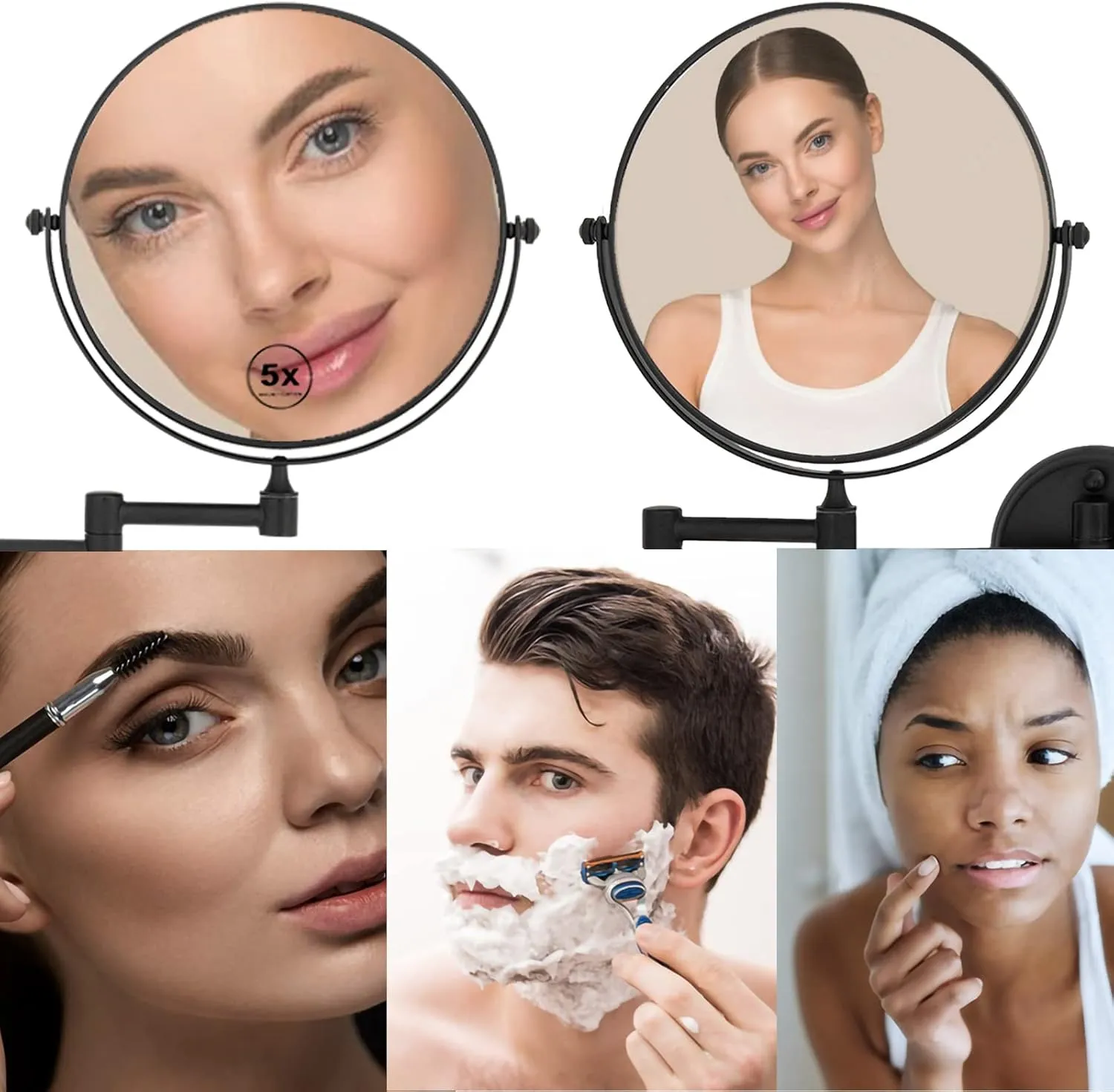 Brass Wall Mounted Makeup Mirror Bathroom Mirror for Shaving, 1x/ 5X Magnifying Makeup Mirror, 8" Double Sided Make up Mirror with 360 Swivel Extendable Arm, Matt Black