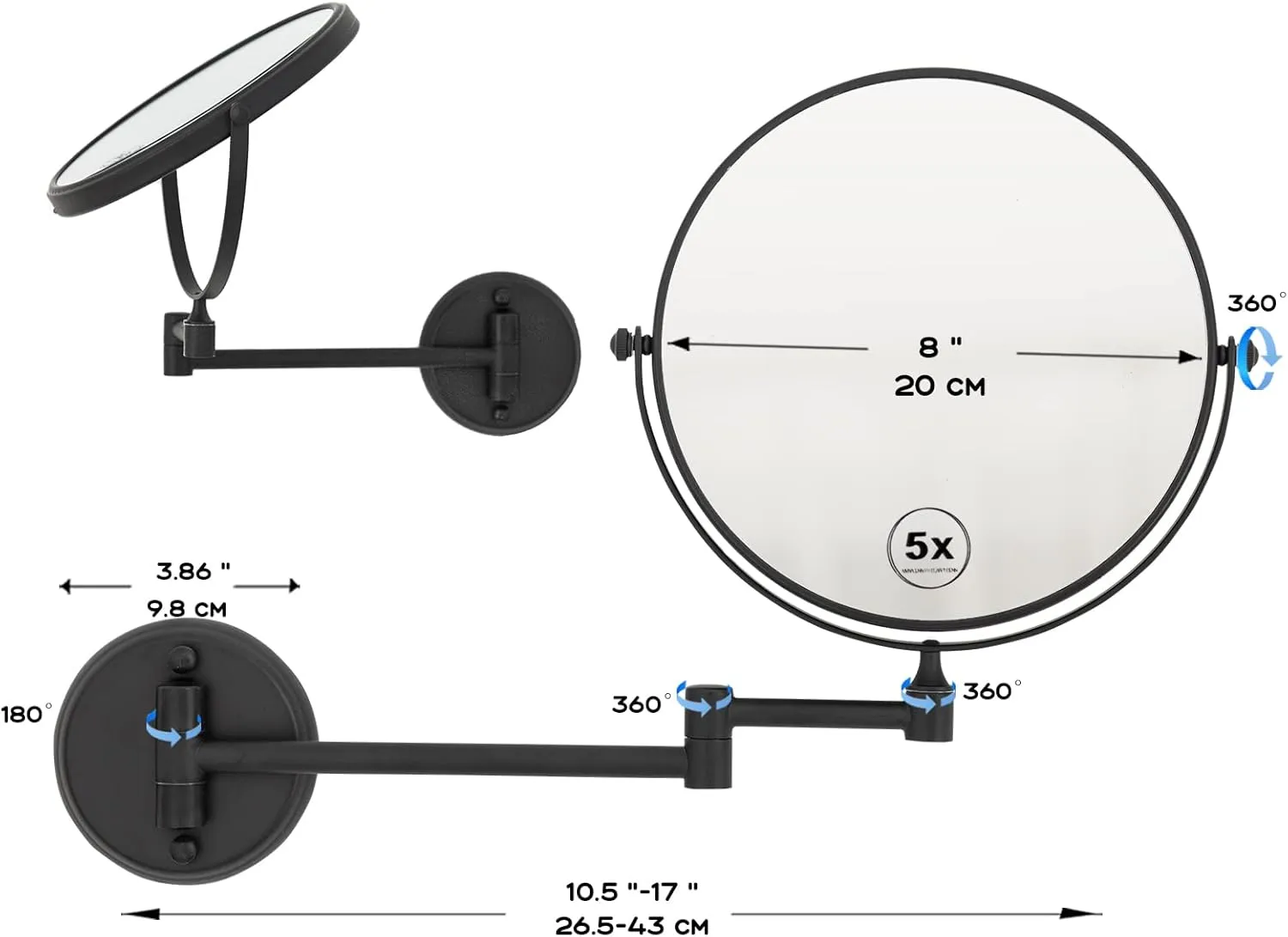 Brass Wall Mounted Makeup Mirror Bathroom Mirror for Shaving, 1x/ 5X Magnifying Makeup Mirror, 8" Double Sided Make up Mirror with 360 Swivel Extendable Arm, Matt Black