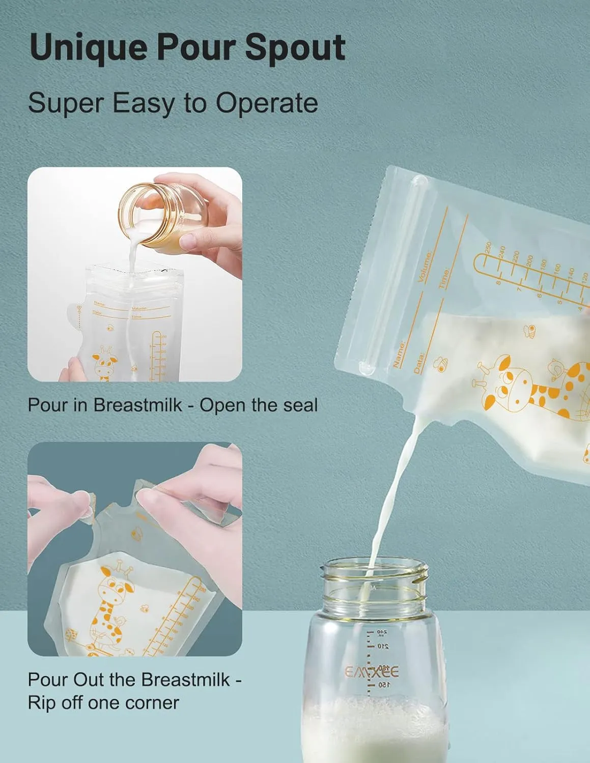 Breastmilk Storage Bag Freezer, 8.5 OZ / 100 Pcs Breast Milk Storage Bags Freezer with Double Zip Lock, Self Standing, Pre-Sterilized Milk Storage Bags Breastmilk, Space Saving Flat Profile