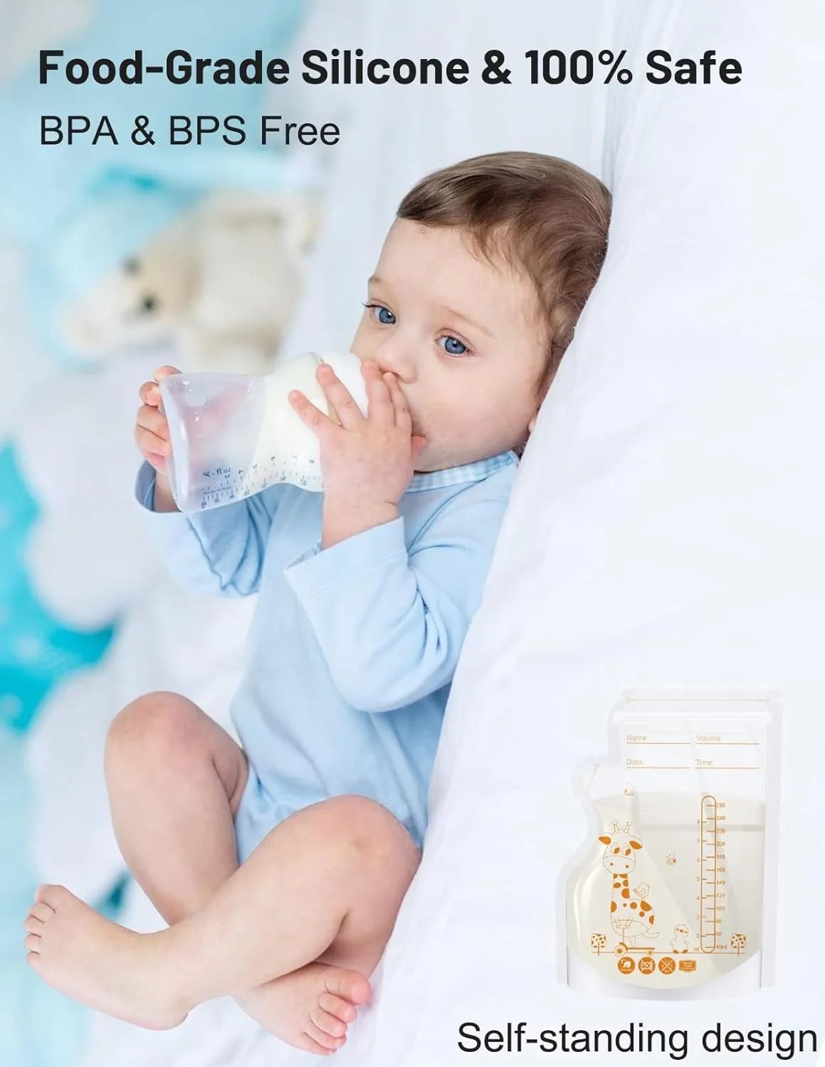 Breastmilk Storage Bag Freezer, 8.5 OZ / 100 Pcs Breast Milk Storage Bags Freezer with Double Zip Lock, Self Standing, Pre-Sterilized Milk Storage Bags Breastmilk, Space Saving Flat Profile