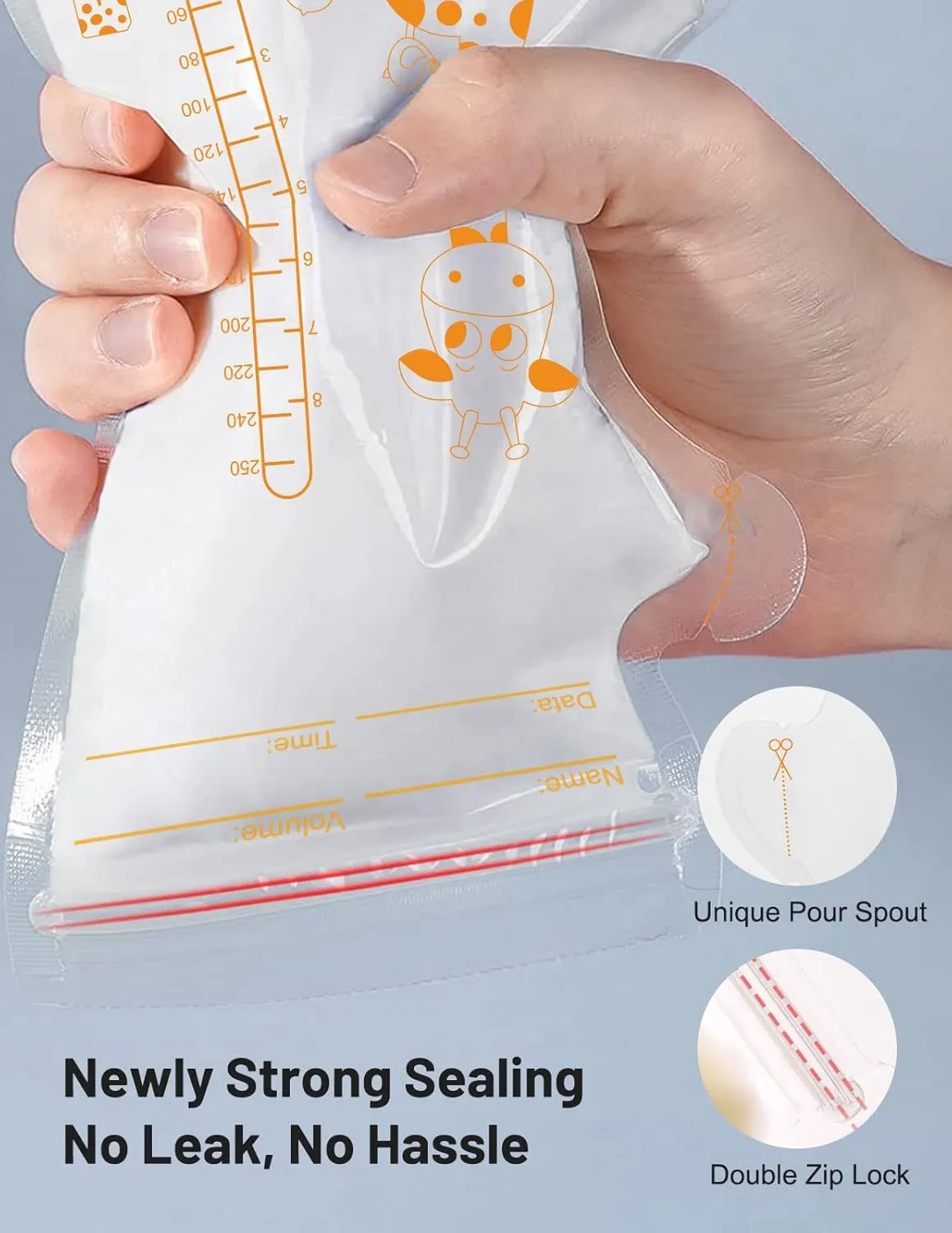 Breastmilk Storage Bag Freezer, 8.5 OZ / 100 Pcs Breast Milk Storage Bags Freezer with Double Zip Lock, Self Standing, Pre-Sterilized Milk Storage Bags Breastmilk, Space Saving Flat Profile