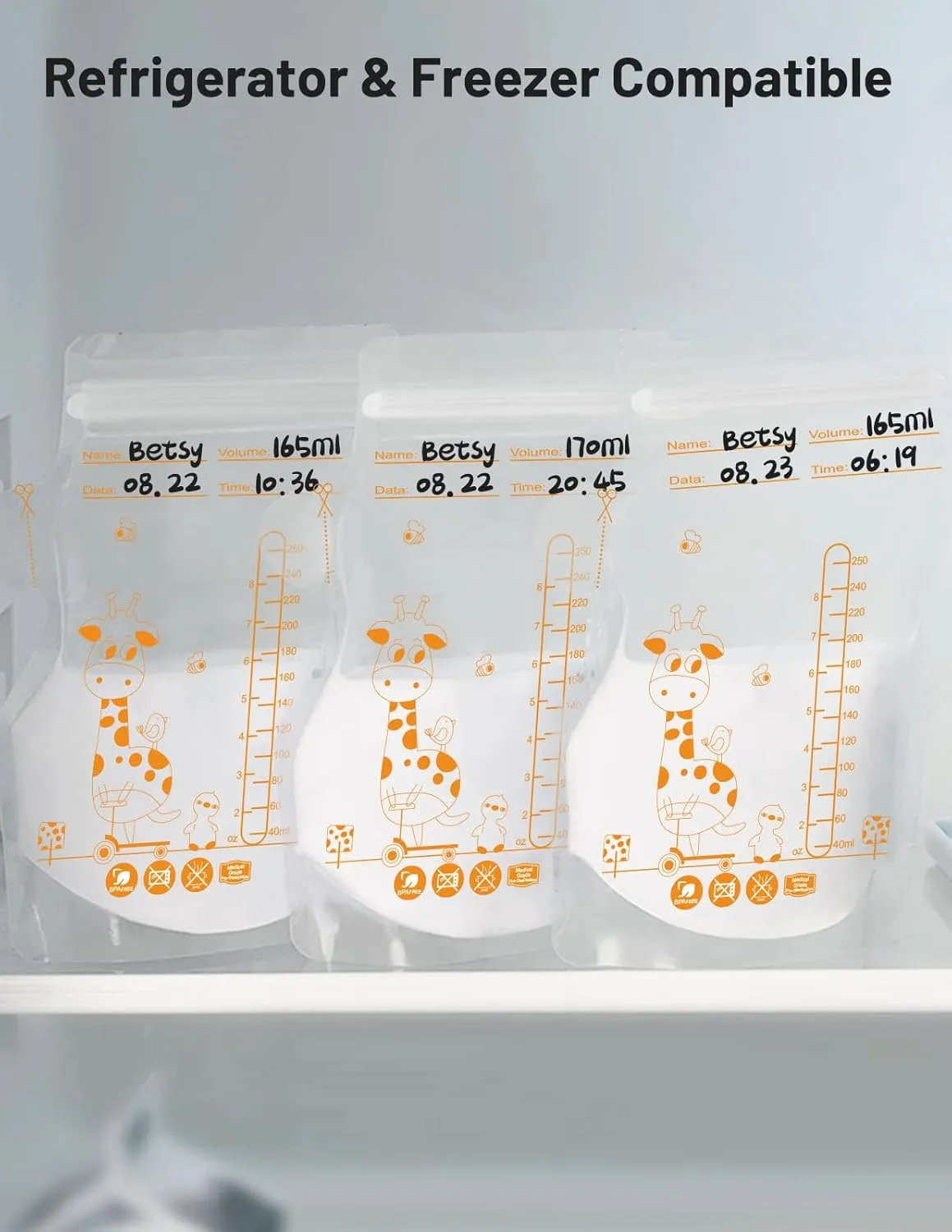 Breastmilk Storage Bag Freezer, 8.5 OZ / 100 Pcs Breast Milk Storage Bags Freezer with Double Zip Lock, Self Standing, Pre-Sterilized Milk Storage Bags Breastmilk, Space Saving Flat Profile