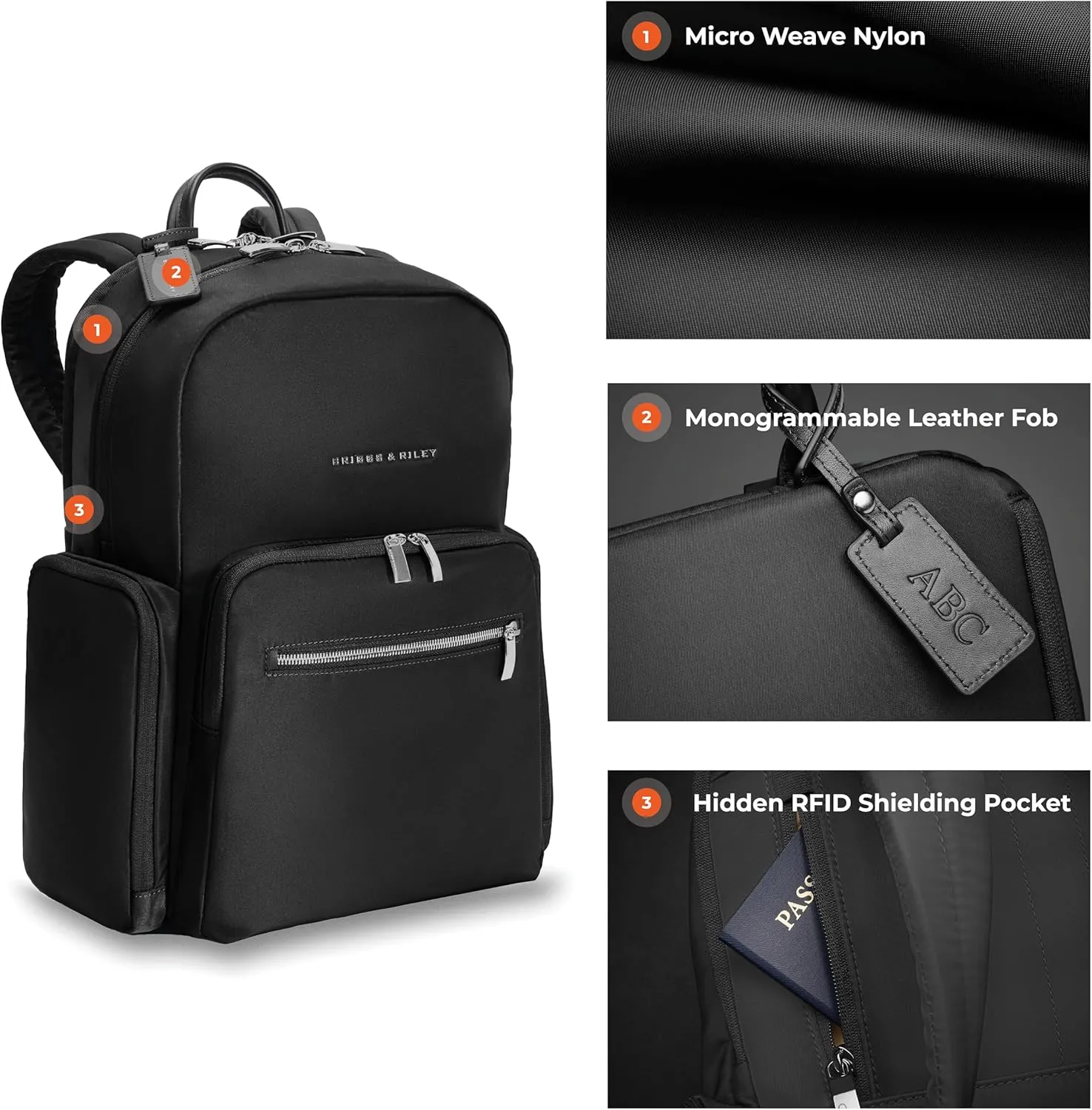Briggs & Riley Medium Backpack for Women & Men - Daypack for Work, Personal Item Travel Bag, Carry On Size, Lightweight & Durable, Padded Straps, Fits 15" Laptop - Rhapsody Collection, Black