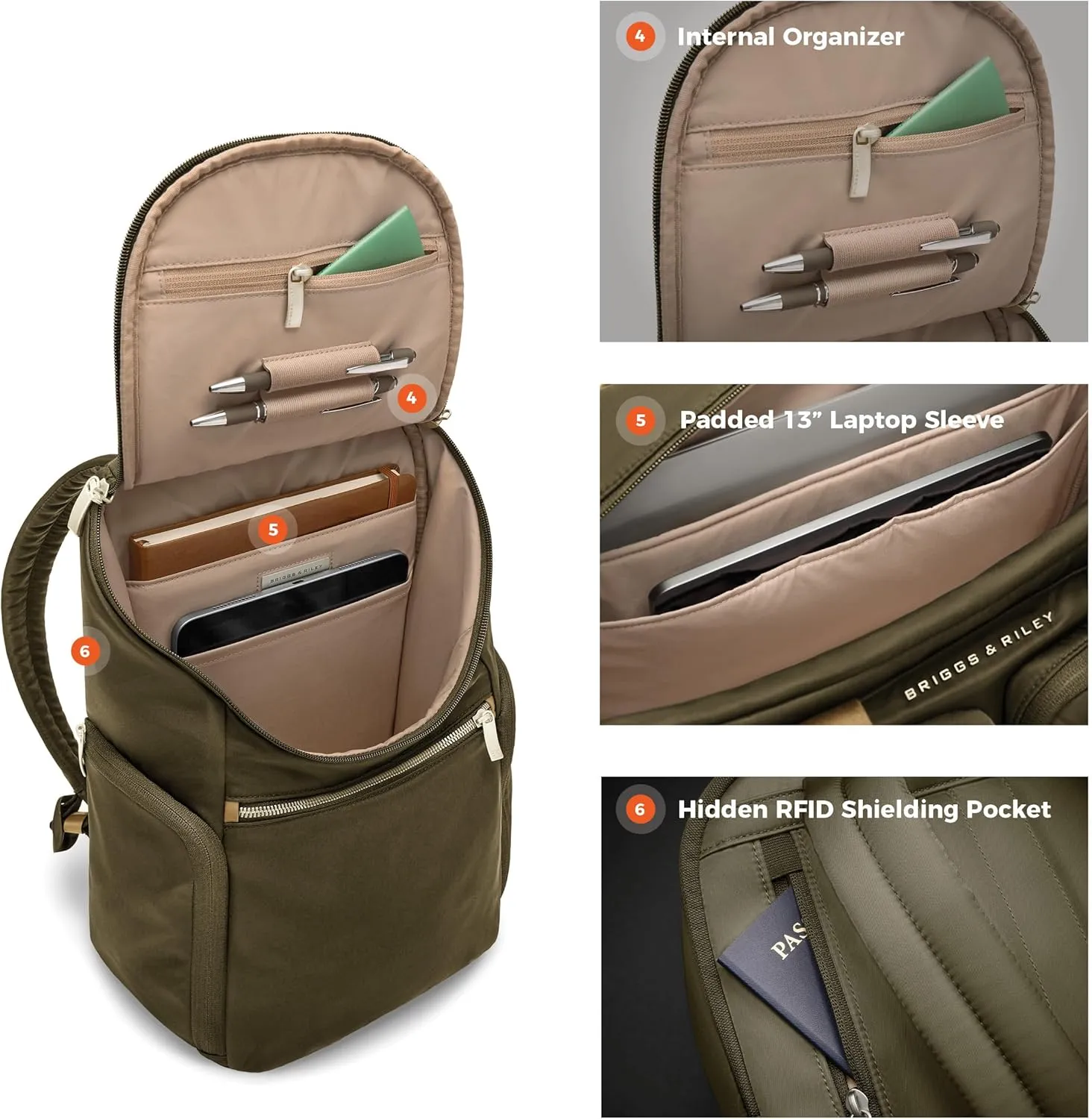 Briggs & Riley U-Zip Backpack - Daypack for Work, Personal Item Travel Bag, Carry On Size, Lightweight & Durable, Padded Straps, Fits up to 13" Laptop - Rhapsody Collection, Olive