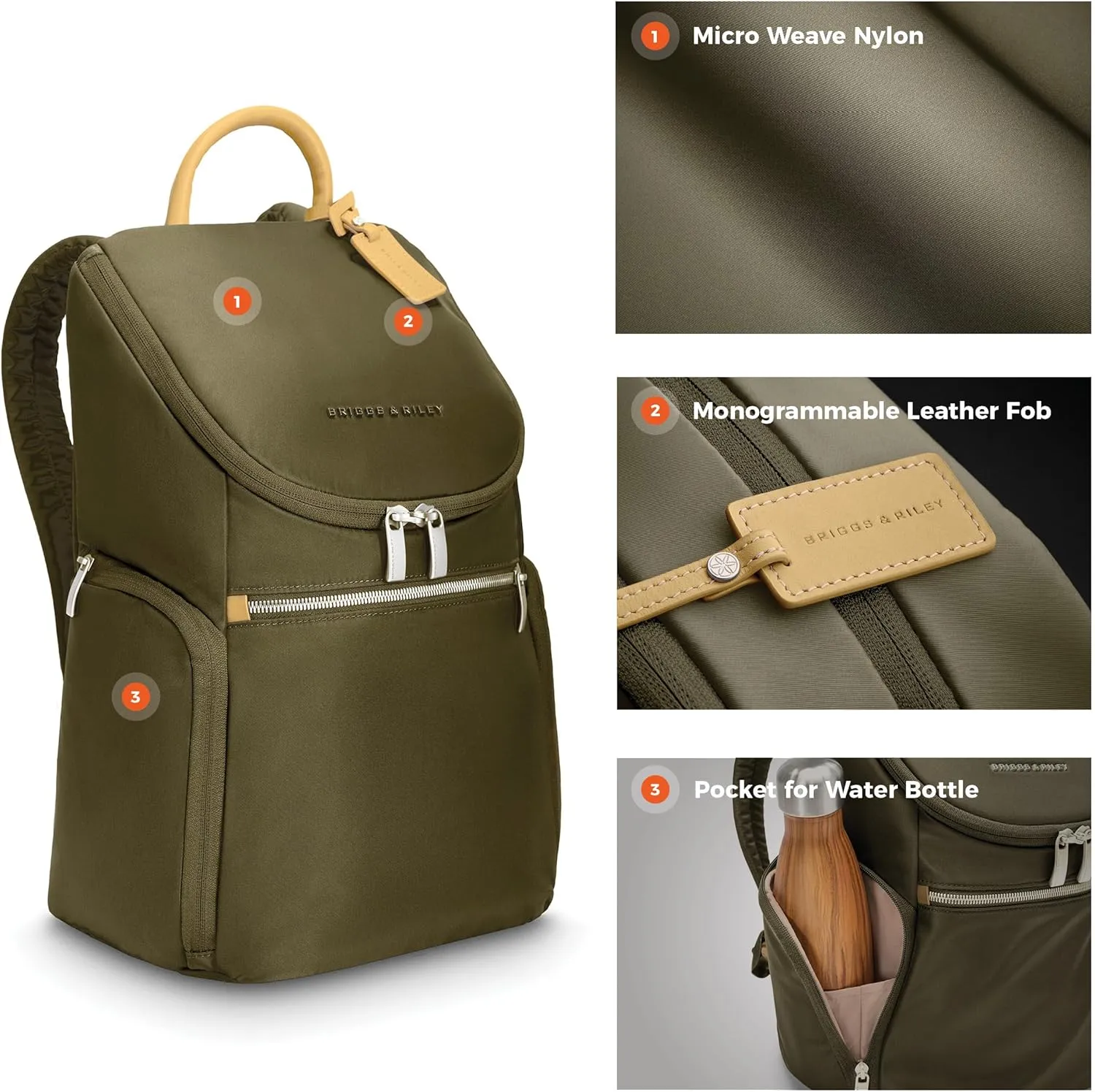 Briggs & Riley U-Zip Backpack - Daypack for Work, Personal Item Travel Bag, Carry On Size, Lightweight & Durable, Padded Straps, Fits up to 13" Laptop - Rhapsody Collection, Olive