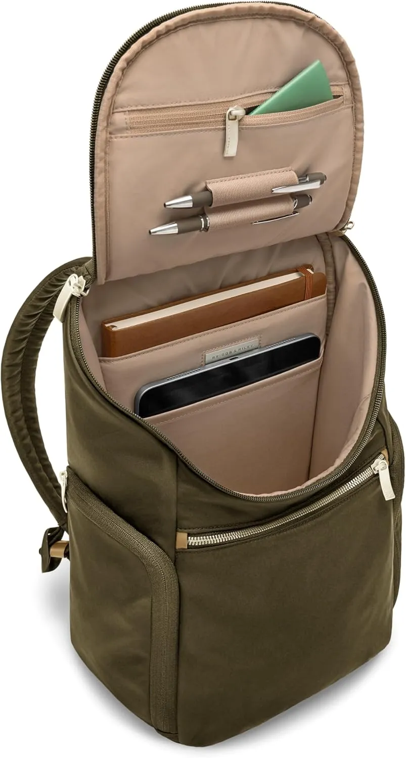 Briggs & Riley U-Zip Backpack - Daypack for Work, Personal Item Travel Bag, Carry On Size, Lightweight & Durable, Padded Straps, Fits up to 13" Laptop - Rhapsody Collection, Olive