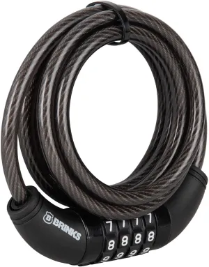 BRINKS 6 ft Outdoor Bike Lock Cable, Thick, Anti Theft Self-Coiling Design, Resettable 4-Dial Combination, Heavy-Duty Steel, 5/16" Weather-Resistant Vinyl Coating for Bikes